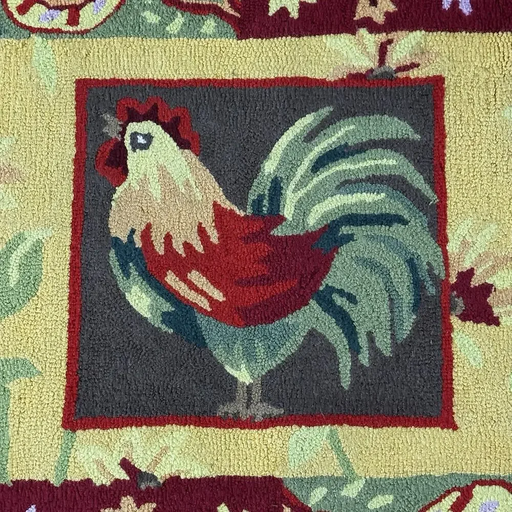 Handmade Hooked Rooster Rug Kitchen Entry Door Mat Centerpiece Farm Country Red